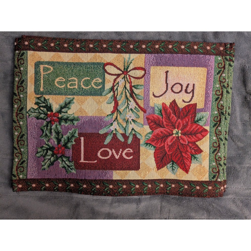 Set of 6 Christmas Woven Tapestry Placemats Peace Love Joy Poinsettia Holiday
